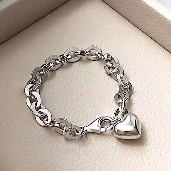 NEW STERLING SILVER HEART CHARM CHAIN LINK BRACELET - Picture 1 of 5